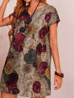 Emery Rose Tunic Dress 100% Cotton Boho Chic Retro Fall Size S